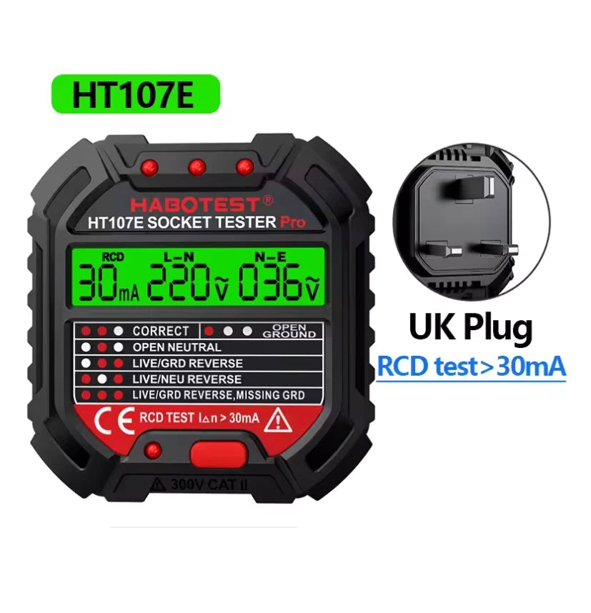 HABOTEST HT107 Pro Socket Tester - RCD Test, Voltage, Ground/Neutral, UK Plug
